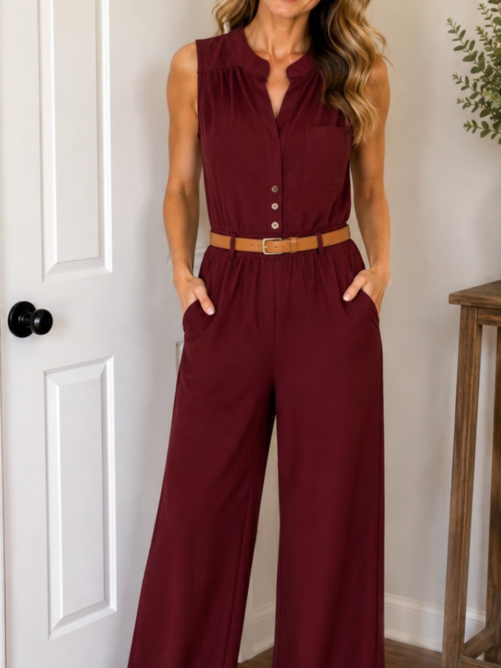 Sleeveless Wide-Leg Jumpsuit in Burgundy - Classic Women's Jumpsuit